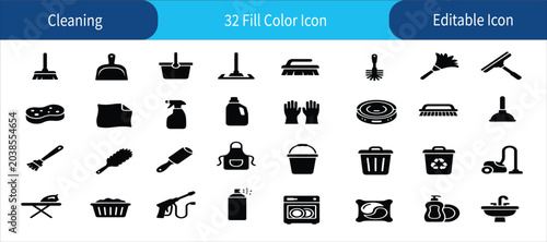 Schilderij op canvas 32 fill color editable cleaning icon set vector graphics for household and janitorial services