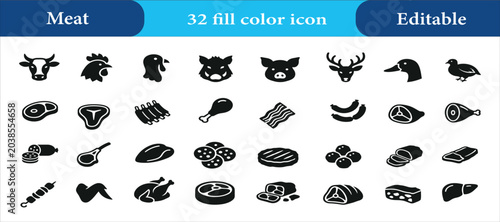 Fotografie 32 fill color editable meat icon set editable vector icon