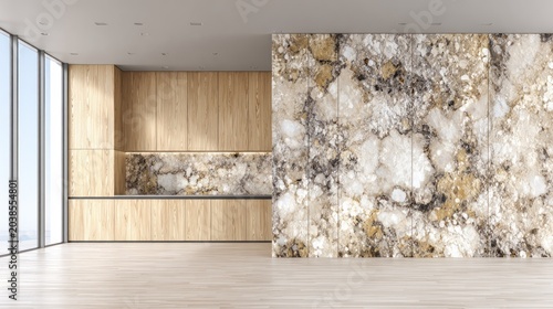 Contemporary interior space showcases light wood cabinetry against dramatic natural stone paneling and large windows