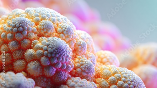 Fractal patterns of an edible plant exhibit vibrant pastel coloration under soft lighting