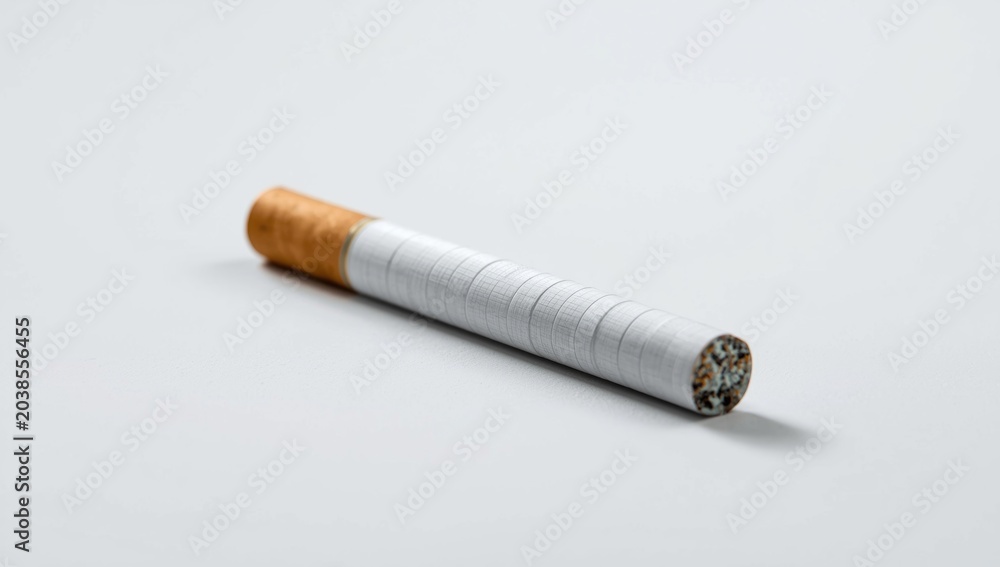 Obraz premium Close up of cigarette resting on white background including copy space