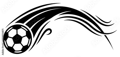 Soccer ball with dynamic swoosh trail, football speed motion effect, athletic flying ball silhouette vector illustration