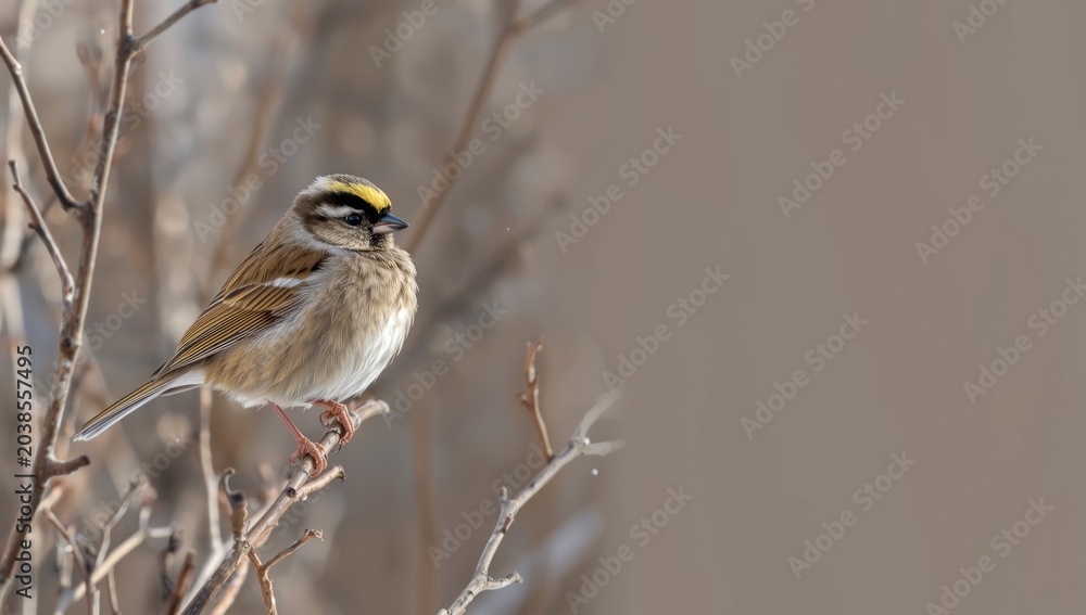 Obraz premium Golden crowned sparrow posing on leafless winter shrubbery