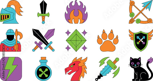 Foto Fantasy role playing game icon element set with knight weapons dragon shield pot