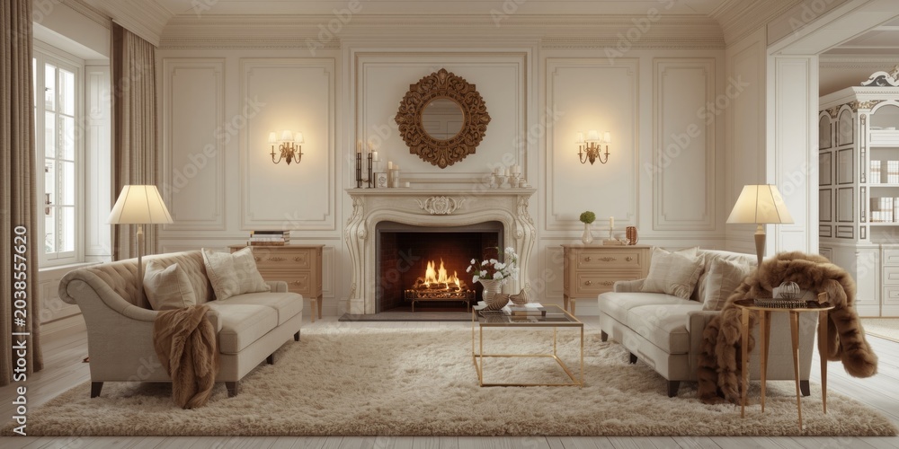 Fototapeta premium Cozy traditional room with fireplace carpet and fur accents in white interior mock up for illustration