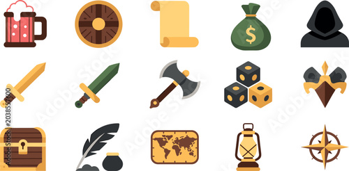Quadro su tela Medieval fantasy role playing game icon element set with weapons treasure chest