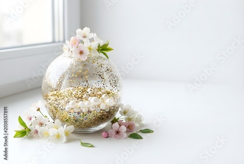 Elegant Glass Vase with Pearls, Gold Glitter and Cherry Blossoms in Natural Light