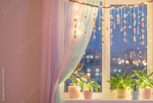 Cozy Night Window Interior with Fairy Lights and City View