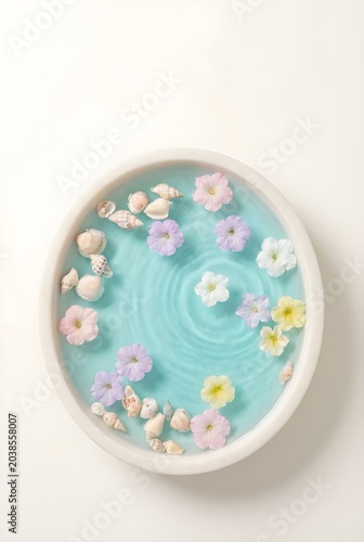 Pastel Floating Flowers and Seashells Spa Bowl with Turquoise Water