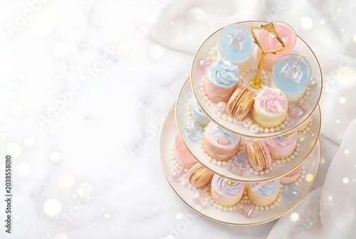 Elegant Pastel Dessert Stand with Macarons Cupcakes and Pearls