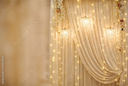 Luxury Wedding Backdrop with Crystal Chandeliers and Floral Fairy Lights