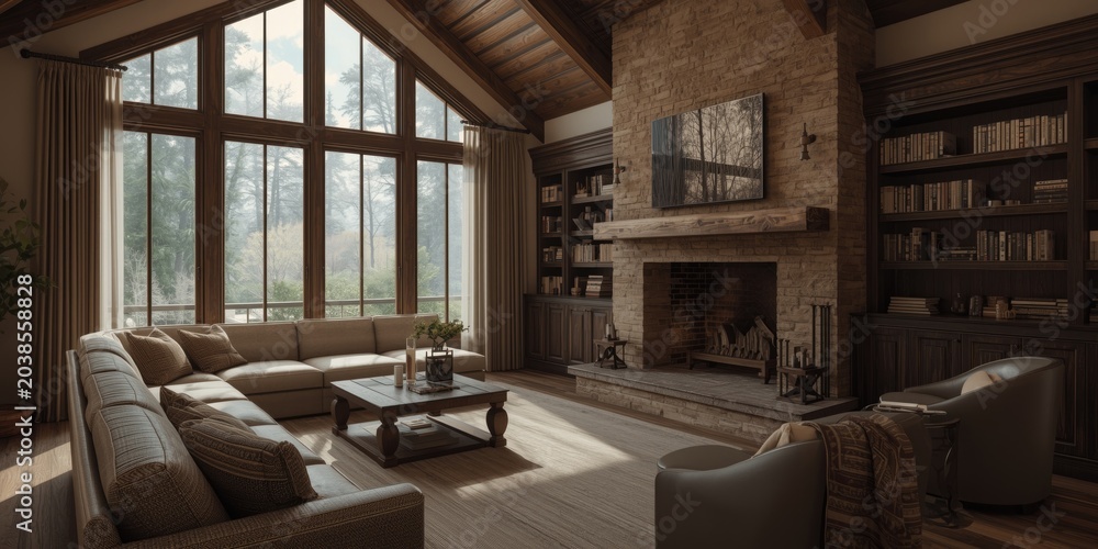 Fototapeta premium Comfortable family room with a rustic fireplace and oversized window