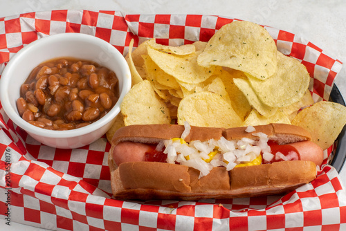 hot dog top with onions, ketchup and mustard
