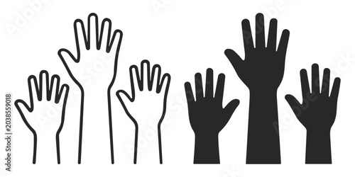 Tableau sur toile Outlined and solid raised hands icons set in black and white representing voting