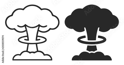 Fotografie Black and white nuclear explosion mushroom cloud icons in line and solid styles