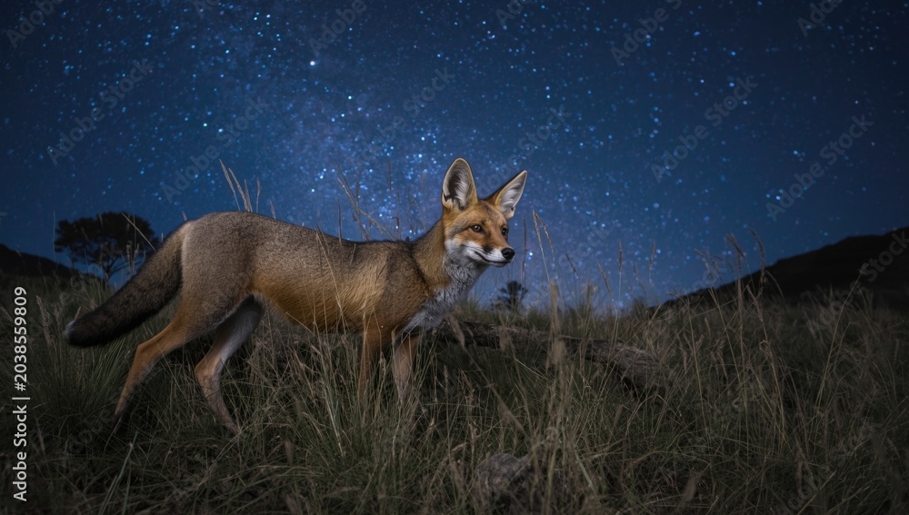 Fototapeta premium Fox with big ears active under nighttime skies within a protected wilderness territory