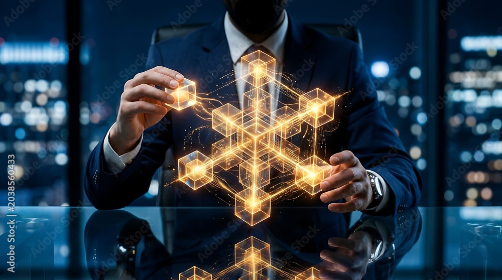 Fototapeta premium Businessman manipulating a glowing golden digital blockchain cube network representing corporate data architecture and business strategy