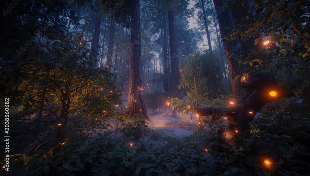 Obraz premium Fantasy Forest Setting with Fairy Lights and Magical Atmosphere