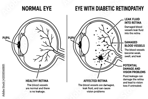 Foto Diagram comparing normal eye and diabetic retinopathy anatomy Vector