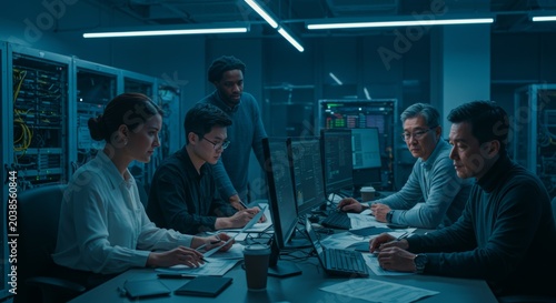 Data Center Team Meeting: A diverse group of professionals collaborates in a modern data center, surrounded by servers and illuminated by blue LED lights.