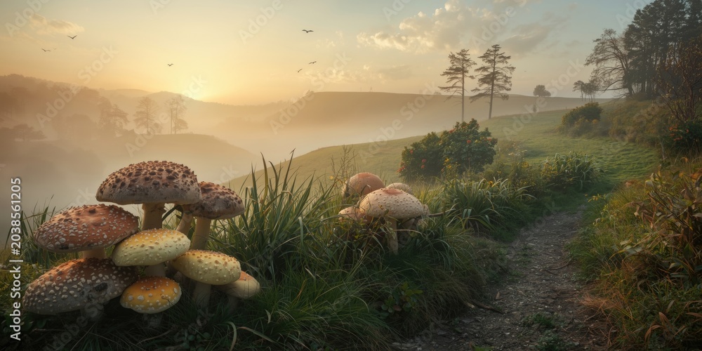 Obraz premium enchanting rural landscape featuring early morning fog and magical mushroom clusters