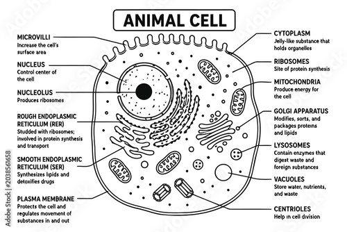 Foto Educational diagram of an animal cell with labeled parts Vector