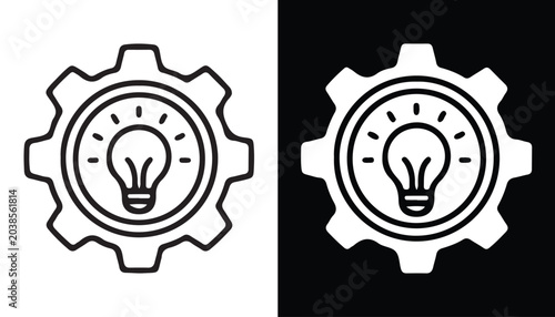 Bild auf Leinwand Gear with Lightbulb: A stylized icon depicting a gear enclosing a luminous lightbulb, symbolizing innovation, creativity, and mechanical ideas