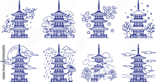 Japanese pagoda architectural elements line art collection featuring pagodas in different seasons with cherry blossoms maple leaves rain moon and trees.