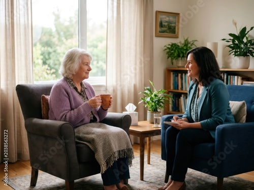 Senior woman talking with therapist in counseling session. Psychology professional listening to elder patient during therapy appointment. Mental health support and social work conversation.
