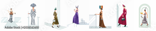 Foto Series of seven avant-garde fashion illustrations featuring models in geometric outfits and unique headpieces, showcasing a blend of architectural and futuristic high-fashion styles