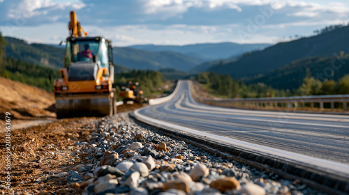 Major highway project with heavy construction machinery building roadbed layers and asphalt pavement across a wide transportation corridor, highway project, roadbed layers, asphalt paving,