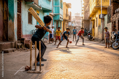 Children playing cricket on a street in India with a makeshift wicket