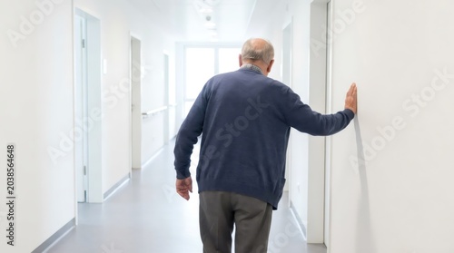 Elderly man walking slowly down a bright hospital corridor and leaning on a wall for support. Concept of geriatric care, rehabilitation, senior health, balance, and frailty in old age.