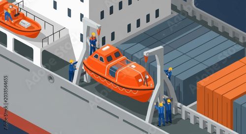 cargo ship with lifeboats and containers.