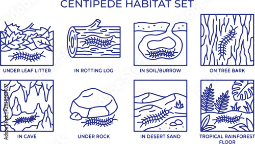 Tablou pe pânză Centipede habitat set, showing different environments and places where centipedes live