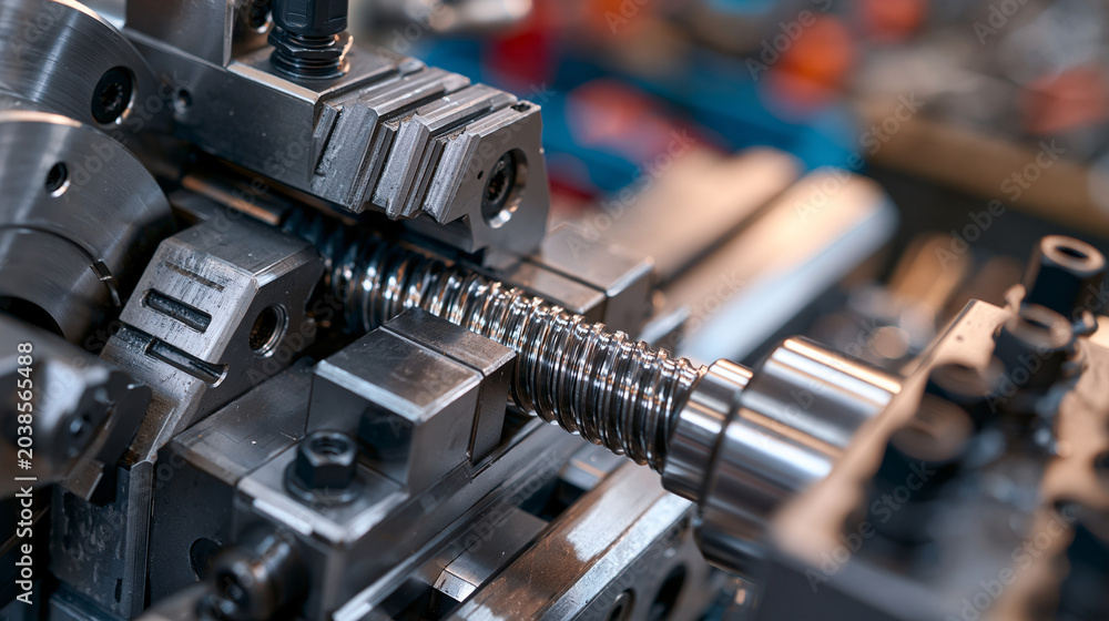 Naklejka premium Lathe compound rest slide mechanism, threaded leadscrew detail, CNC turning center cross slide, precision machined steel surface, machine tool saddle component macro, workshop engineering equipment 