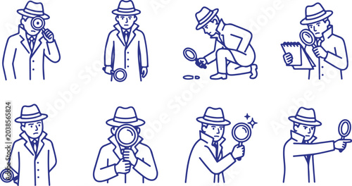 Obraz na płótnie Collection of detective icons with magnifying glass, trench coat, fedora hat on checkered background