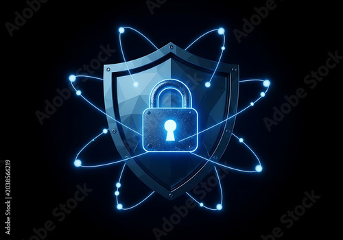 Cyber security concept with shield and lock on dark background
