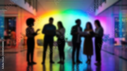 Blurred silhouettes of diverse group of people standing in office with rainbow lighting, business team meeting, pride month, lgbtq community, professional workspace.