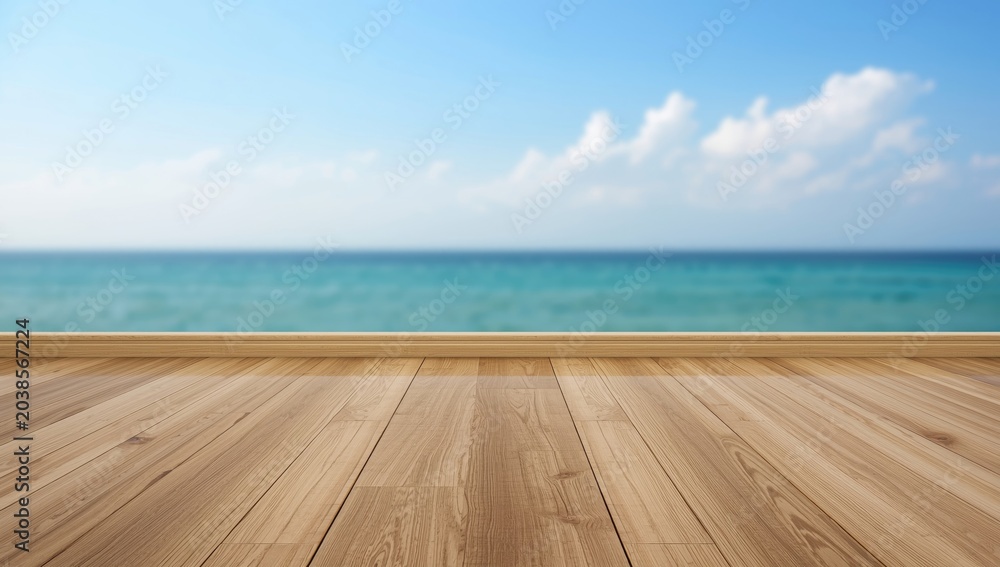 Fototapeta premium Hardwood floor with natural grain and smooth texture in front of marine water and sky