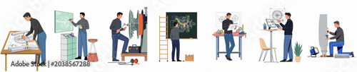 Foto Flat illustration series of an engineer designing, drafting, and assembling complex mechanical components like jet engines and industrial machinery across various workflow stages