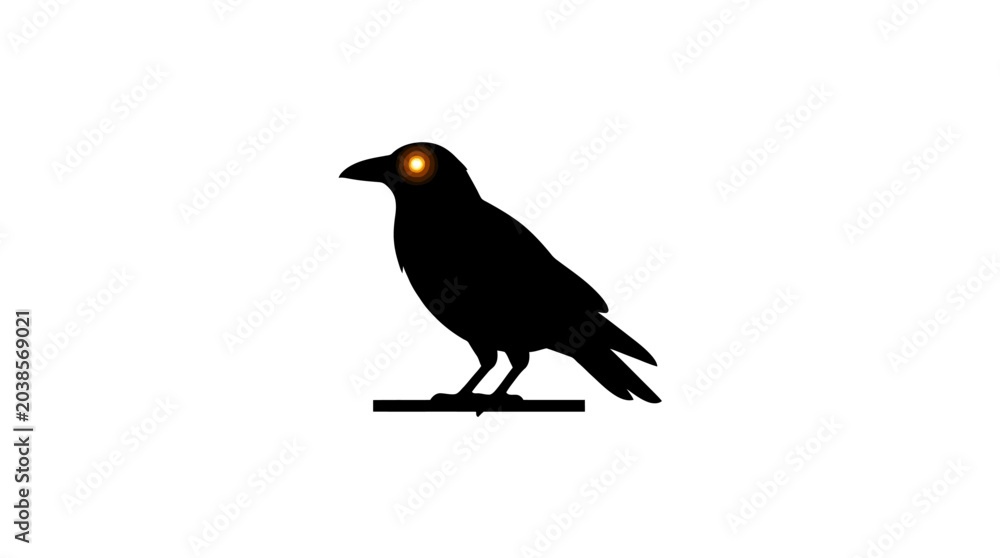 Fototapeta premium Silhouette of a Black Bird with Glowing Eyes on White Background.