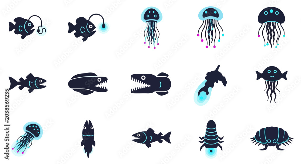 Fototapeta premium Deep-sea creatures set, featuring various marine life forms in dark blue and light blue hues.