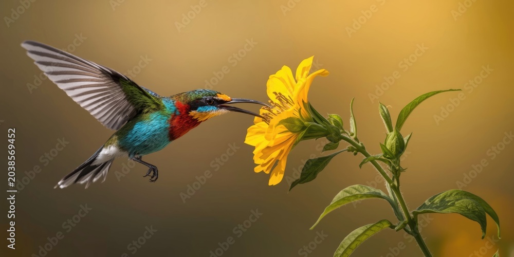 Naklejka premium Energetic sunangel bird sipping nectar from vivid yellow blossom