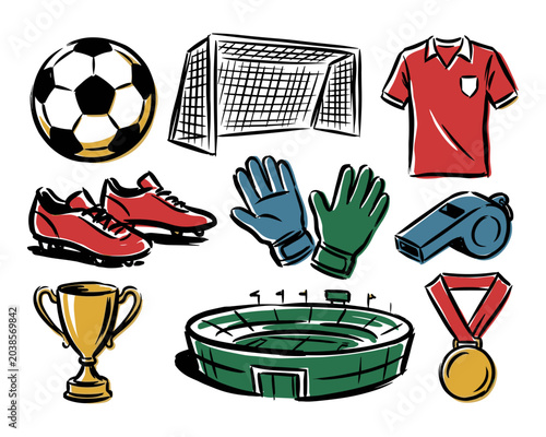 Soccer set design. Football champion league. Sports artwork for t shirt posters stickers. Goal trophy stadium medal. Hand drawn vector illustration.