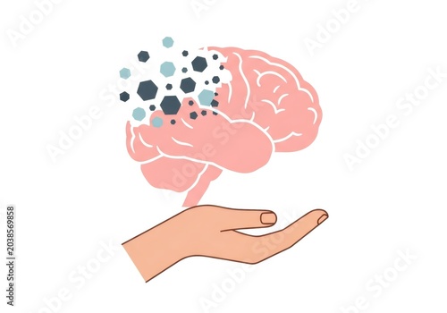 Human hand holding disassembling brain with digital hexagons. Mental health care and neurological science concept. Artificial intelligence and loss of memory or mindfulness study.