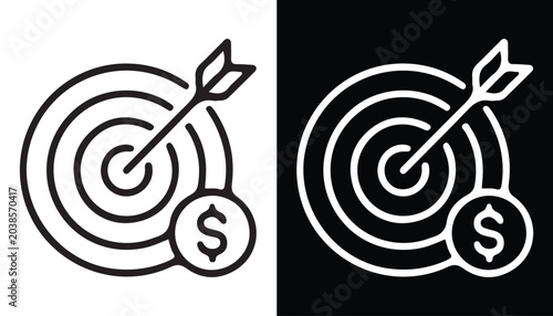 Bild auf Leinwand Target Hit: A stylized icon depicting a bullseye with an arrow precisely hitting the center, accompanied by a dollar sign, symbolizing financial goals and success