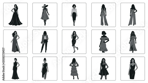 Tableau sur toile Fashionable Women Posing in Various Stylish Outfits.