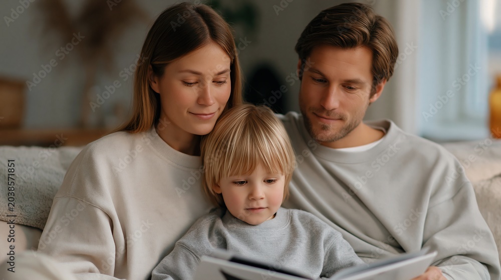 Obraz premium Family Reading Book Together on Sofa at Home