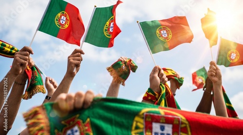 Adeptos Portugueses em Festa a Celebrar uma Grande Vit  ria no Futebol  Erguendo Bandeiras e Cachec  is Ap  s uma Conquista Hist  rica.